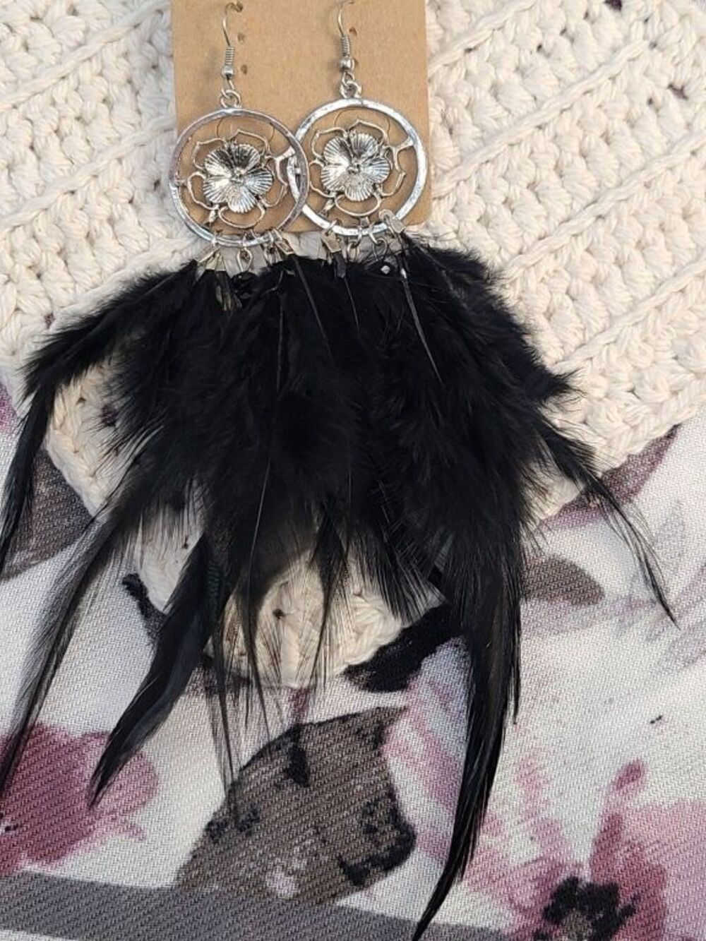 Black Feather Dangle Earrings Boho Statement Floral Disc Long Drop 5" Jewelry